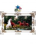تابلو فرش گله اسب ۱۰۰*۵۰ قاب استیل سفید